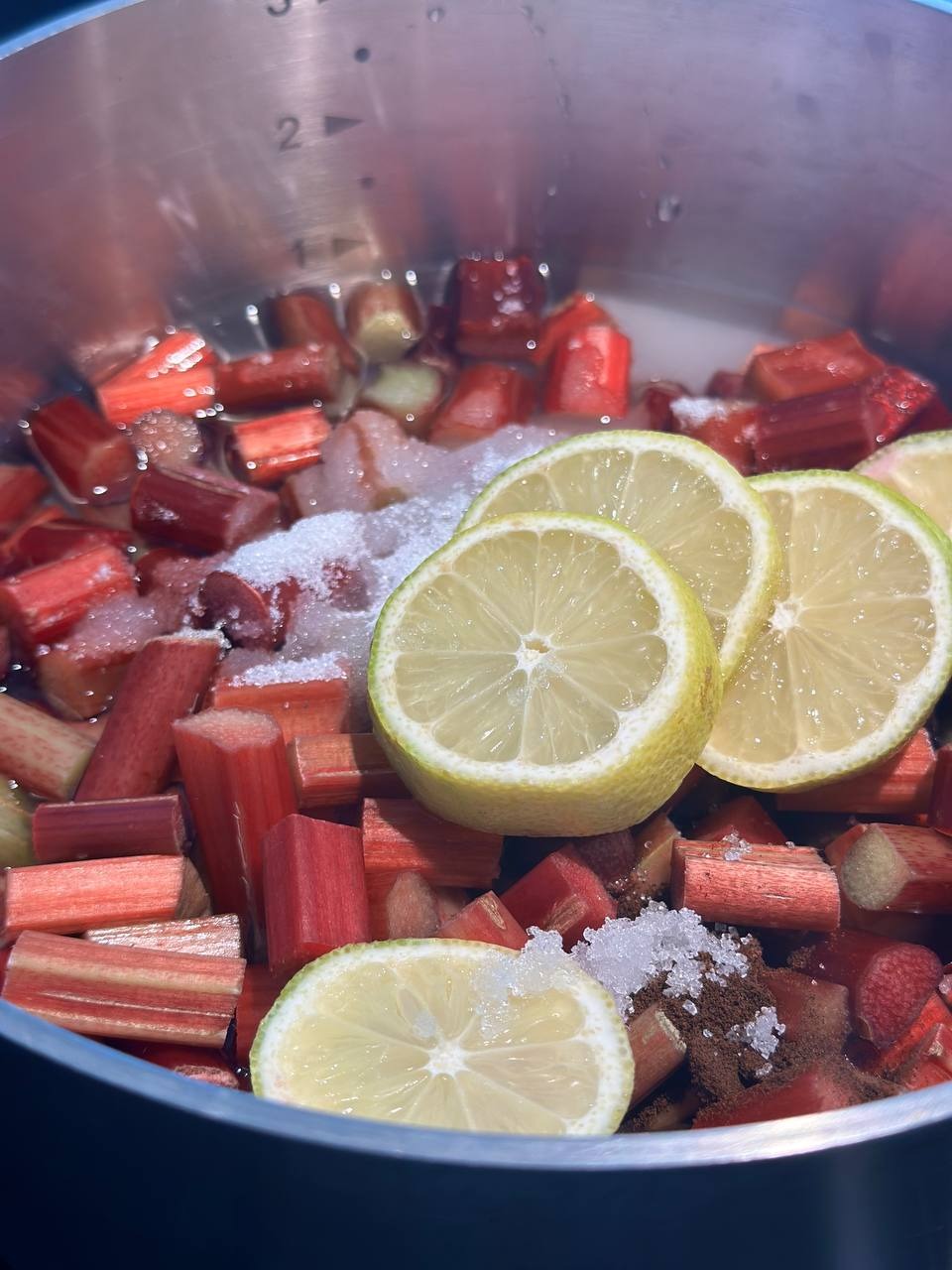 Rabarber, citronskiver, sukker og vanille i gryden